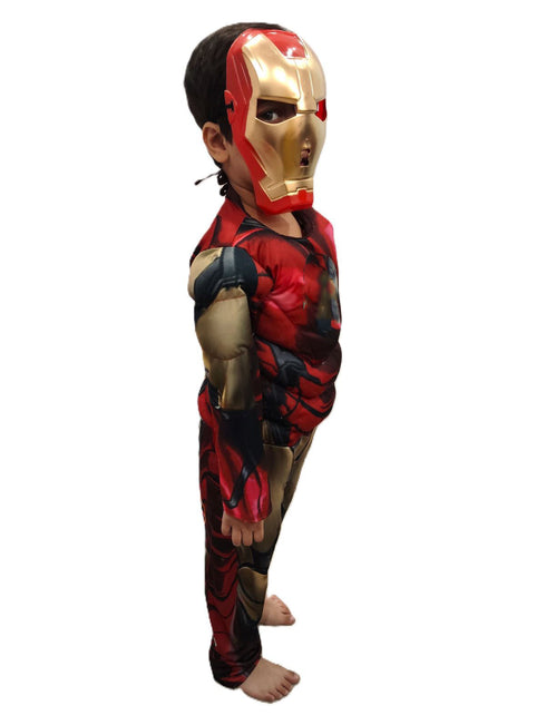 BookMyCostume 2 Pc Red and Yellow Muscle-Look Superhero Costume with Padded Chest, Arms & Plastic Face Mask | Sublimation Printed Fancy Dress Outfit | Birthday Party Prop